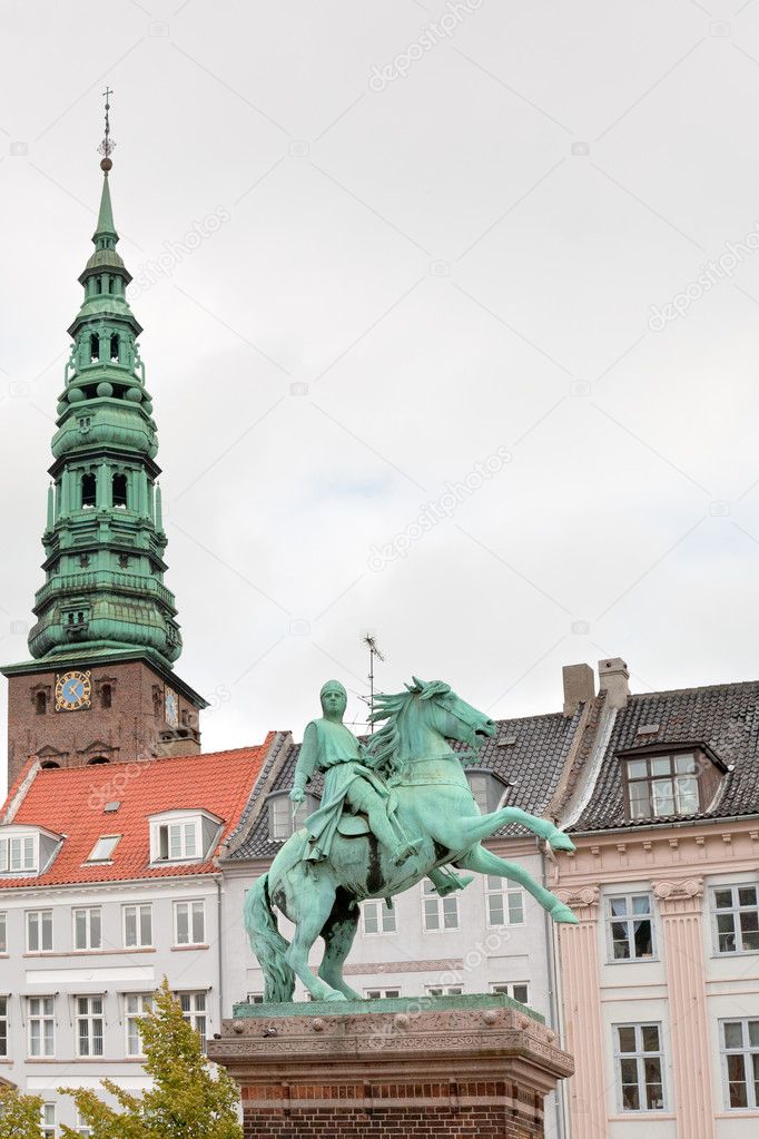 Tower St. Nicholas Church and Statue of Absalon in Copenhagen