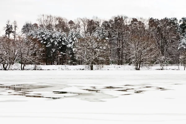 Macchia d'acqua non congelata nel fiume congelato — Foto Stock