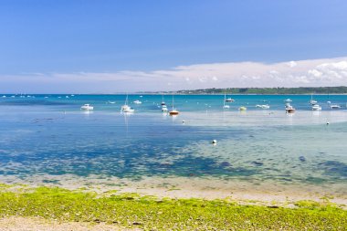 teknelerle denize yakın perros-guirec kenarı, brittany, Fransa