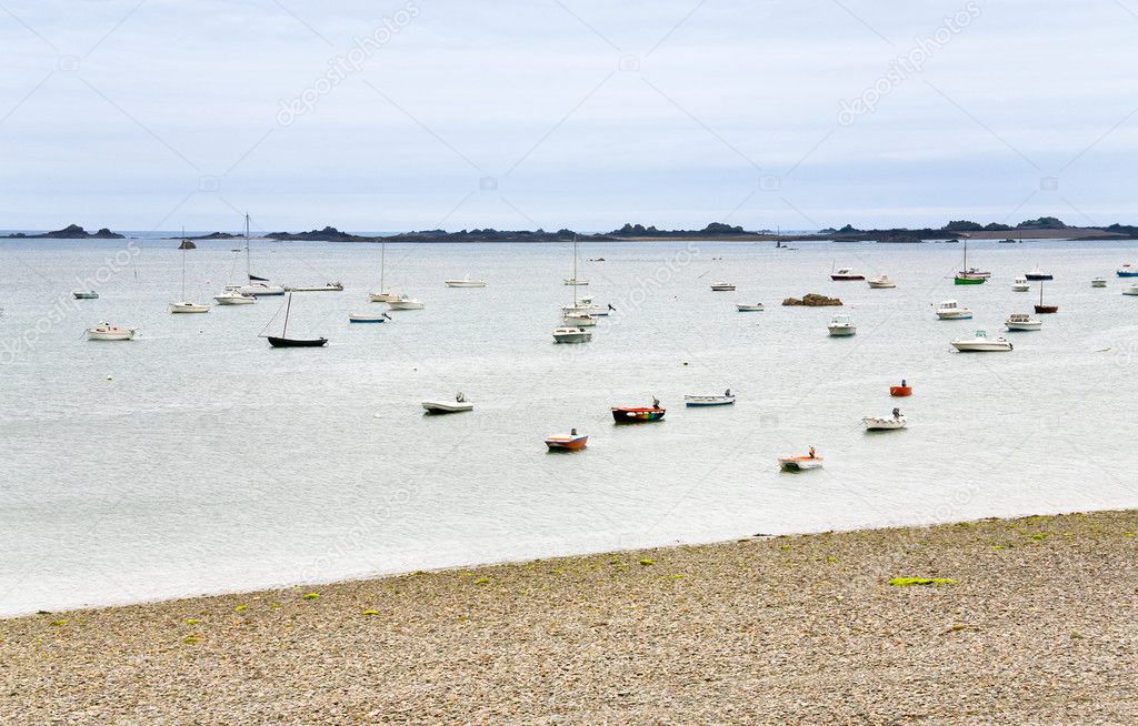 Many boat in water of English Channel in Brittany