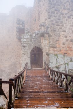 Entrance in medieval Ajlun Castle in foggy day clipart