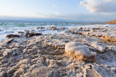 kristal tuz dead sea beach üzerinde