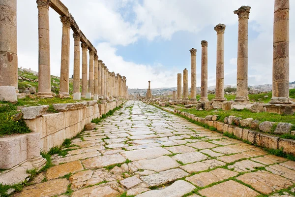 प्राचीन शहरातील लांब कॉलनीड रस्त्यावर जेराश — स्टॉक फोटो, इमेज