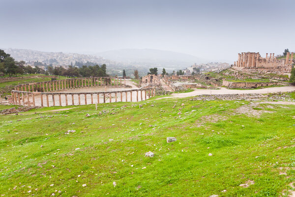 Panorama of ancient city Gerasa and modern Jerash