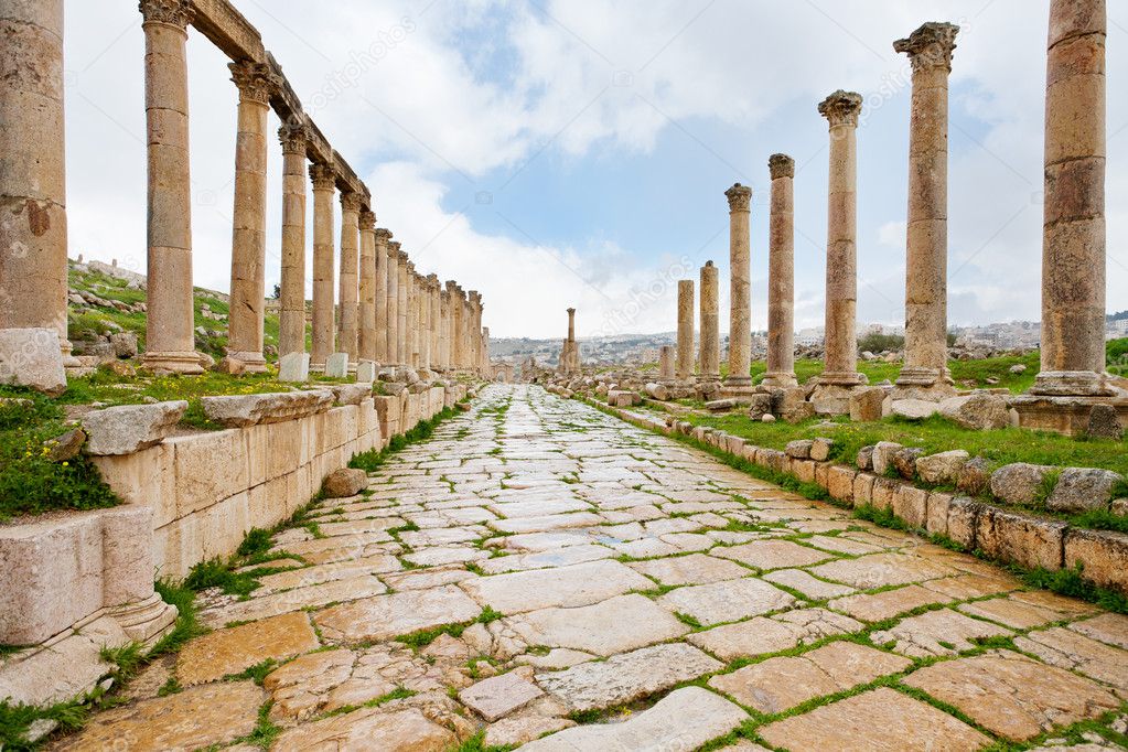 Long colonnaded street in antique town Jerash
