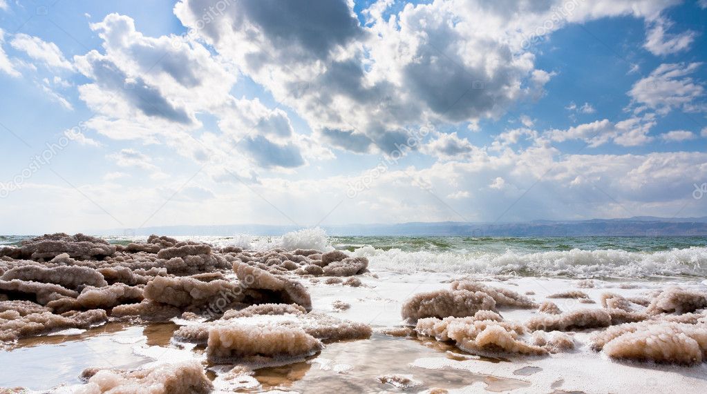 Crystalline salt on beach of Dead Sea