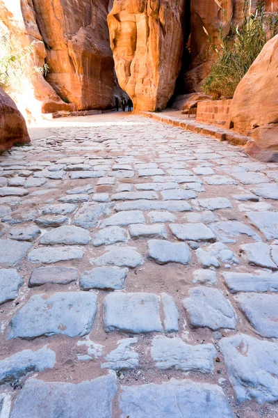 Antica strada lastricata romana in Siq passaggio in città Petra — Foto Stock