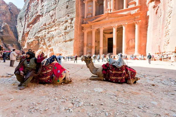 Cammelli e beduini sulla piazza del Tesoro nella città antica Petra — Foto Stock