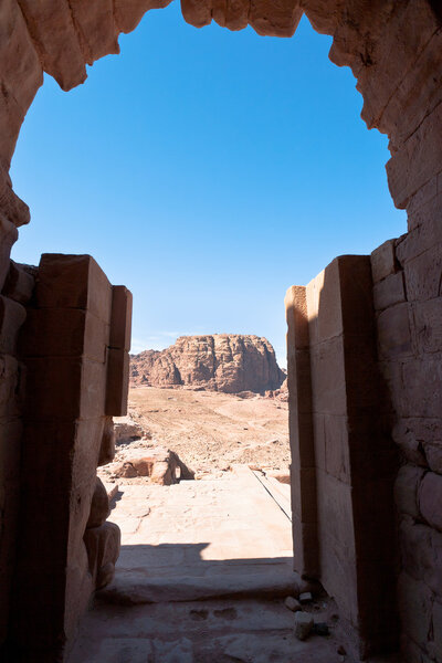 View from Urn Tomb to mountain dessert in Petra, Jordan