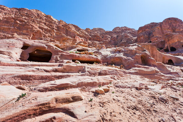 Stone cave tombs in Petra, Jordan