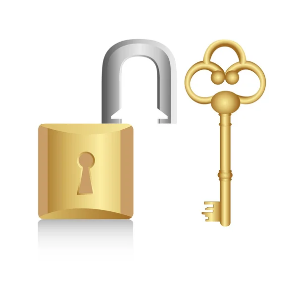 Old golden key with gold lock — Stock Vector