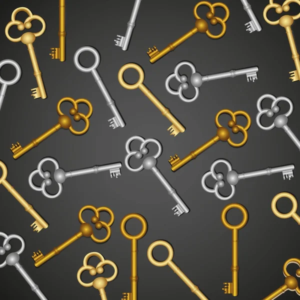 Patroon van oude sleutels, goud en zilver geïsoleerd op zwart — Stockvector