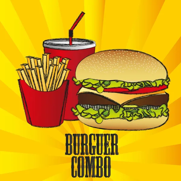 Patates kızartması ve kola ile hamburger combo — Stok Vektör