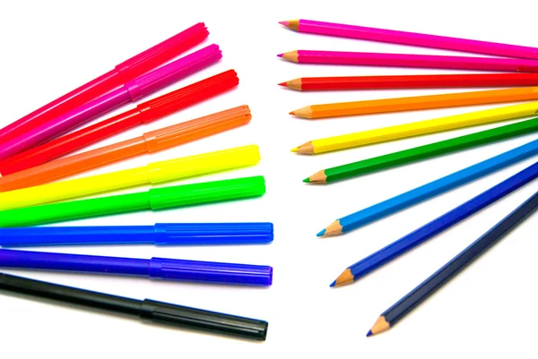Different markers and pencils on white background — Stock Photo, Image