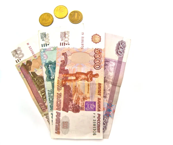 Bankbiljetten en munten van Rusland — Stockfoto