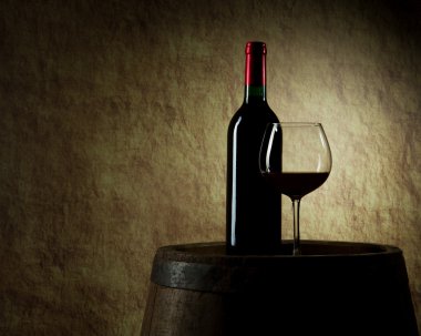 Red wine, bottle, glass and old barrel clipart