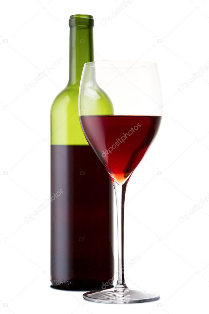 Red wine and a bottle on a white background
