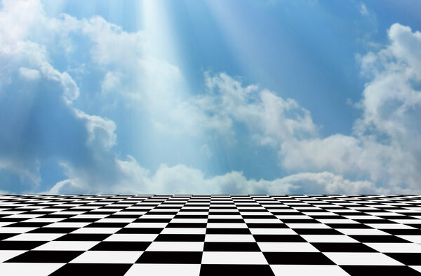 Black and white floor with clouds in the sky in the background