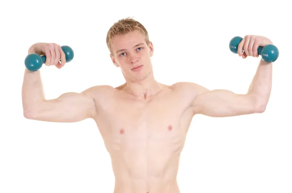 Guy and dumb bells — Stock Photo, Image