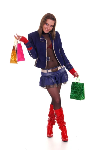 Roztomilý dívka a barevné tašky — Stock fotografie