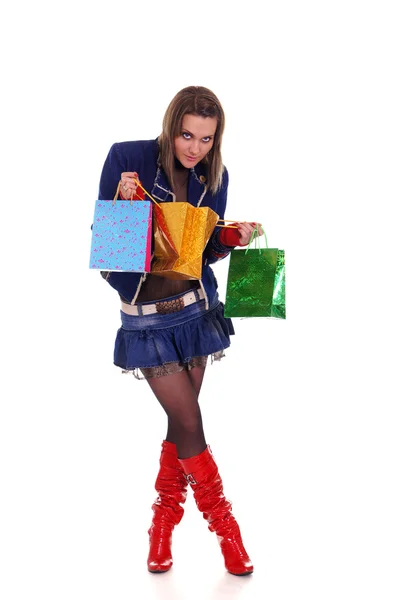 Linda chica y bolsas de color — Foto de Stock