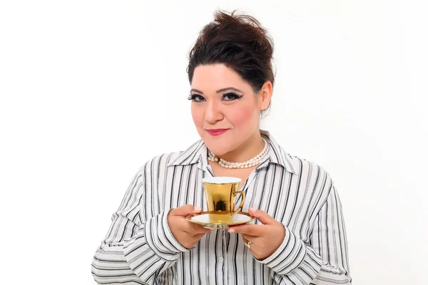 Pretty plus size woman with coffee — Stock Photo, Image