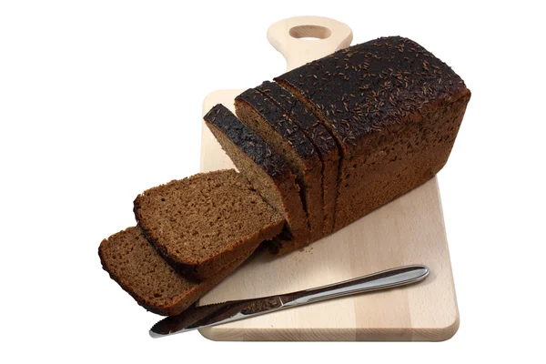 stock image Rye bread and knife on a wooden board