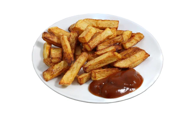 Plate of fried French fries with bright red sauce — Stock Photo, Image