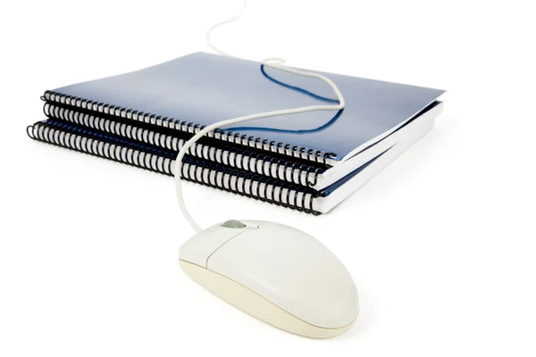 Modré školy učebnice a počítačových myší — Stock fotografie