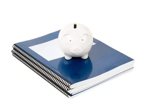Blauwe school leerboek en piggy bank — Stockfoto