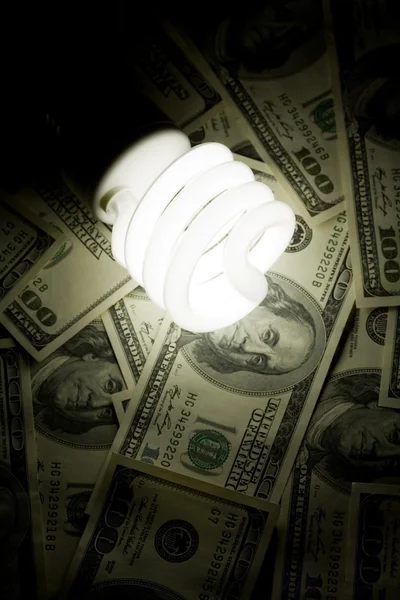 Kompakt fénycső fény-és tbulb és a dollár — Stock Fotó