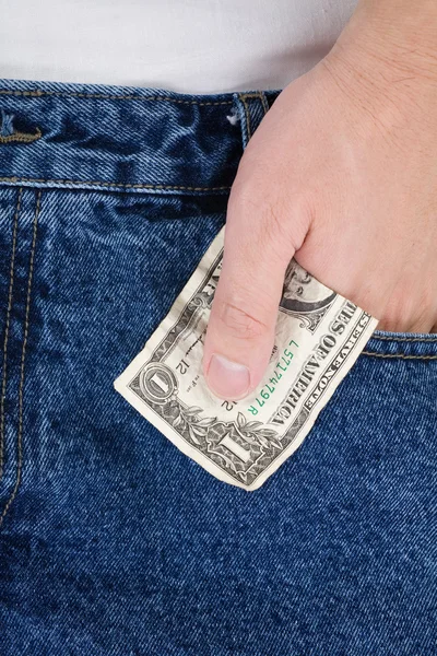 Jean azul e dólares — Fotografia de Stock