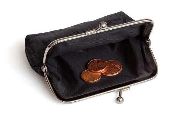 Černá kabelka a několik centů euromince. — Stock fotografie