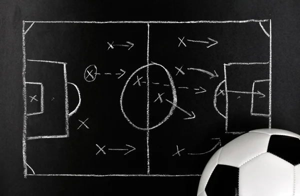 Soccer strategy on a chalkboard with ball — Stock Photo, Image