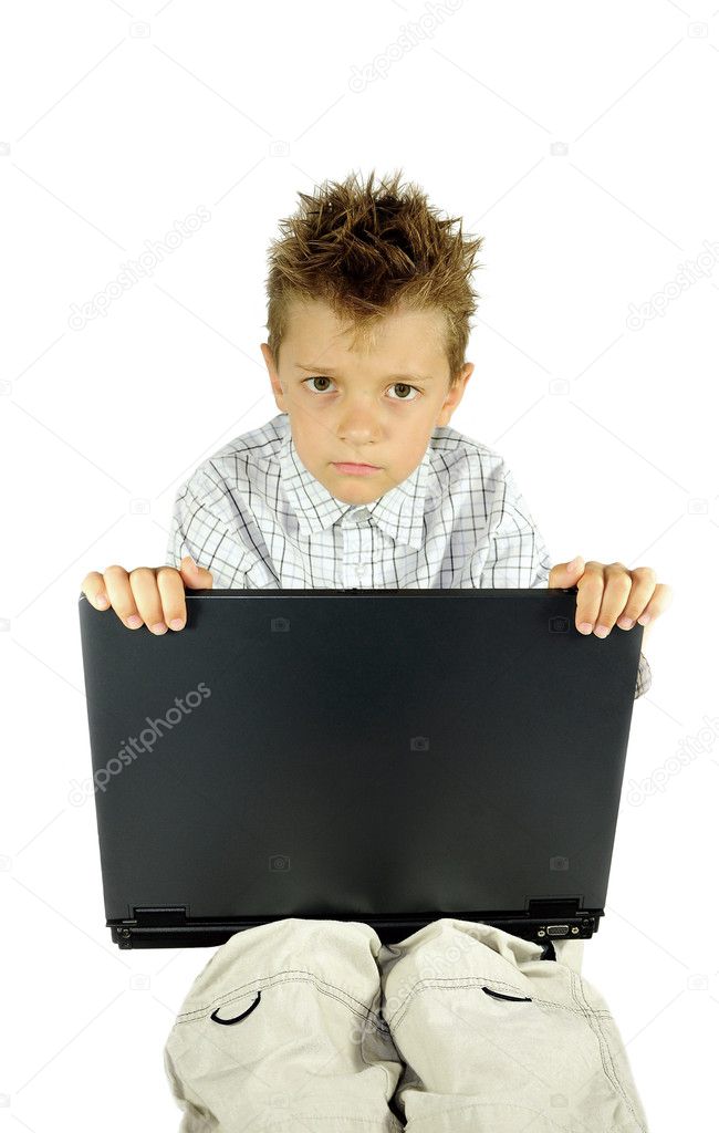 Repentant boy with laptop