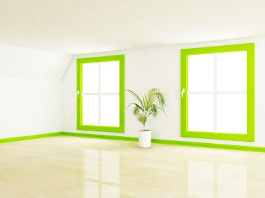 Empty room with two big windows and a plant