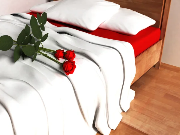 Schöne rote Rosen auf dem Bett — Stockfoto