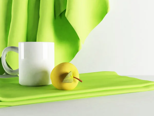 Schöne Tasse und ein Apfel auf einem Handtuch — Stockfoto