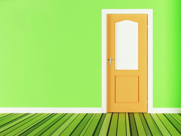 Drewniane drzwi na zielonym tle — Zdjęcie stockowe