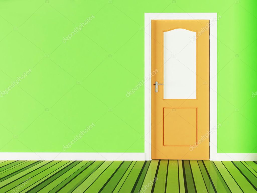 Wooden door on green background