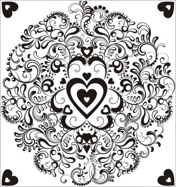 Black heart in ornamental circle with flourish elements clipart