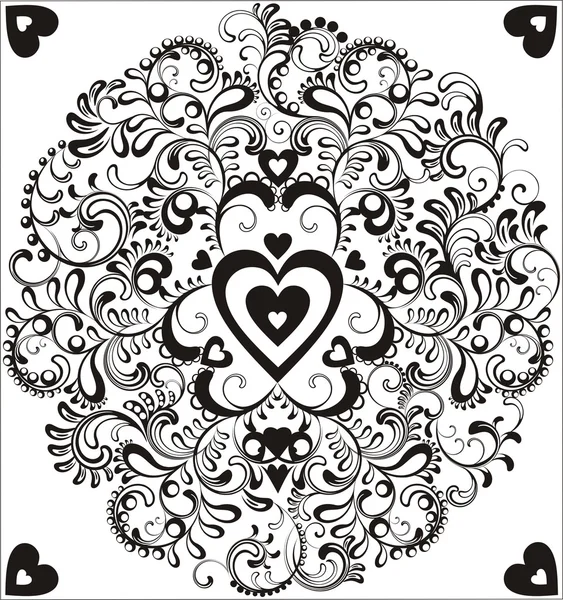 Corazón negro en círculo ornamental con elementos florecientes — Vector de stock