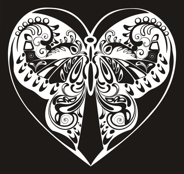 Silhouette ornamental butterfly in decorative heart — Stock Vector