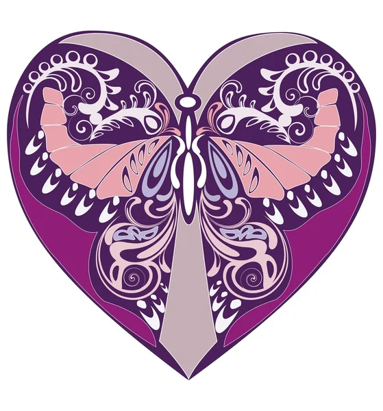 Lilac vector ornamental with flourish butterfly in decorative heart — Stock Vector
