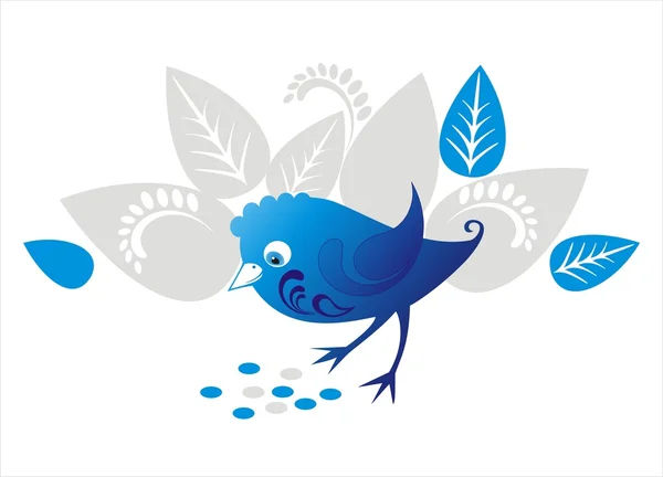 Uccello blu decorativo vettoriale con fiori, semi e foglie ornamentali — Vettoriale Stock