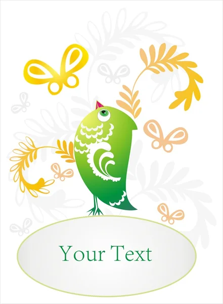 Vektorové dekorativní karta s zelených okrasných ptáků, motýlů a květina — Stockový vektor
