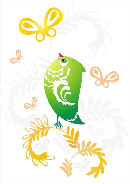 Vector pájaro verde en ramita de flores decorativas con mariposa ornamental — Vector de stock