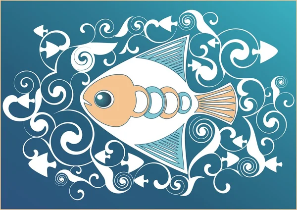 Орнаментальный вектор плавания рыбы на заднем плане с белым декоративным элементом — стоковый вектор