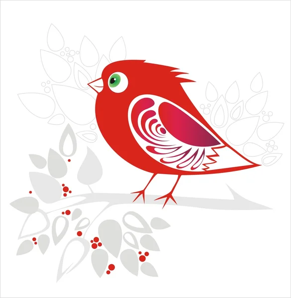 Vector decorative red bird on gray twig with ornamental flower and berry — Stock Vector
