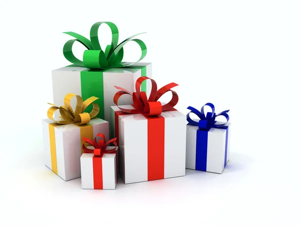 Gifts with color ribbons piled — Stock Photo, Image